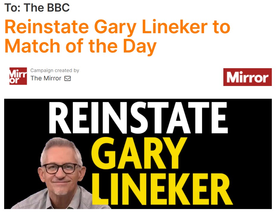 Go to 38Degrees to sign the Mirror petition supporting Gary Lineker